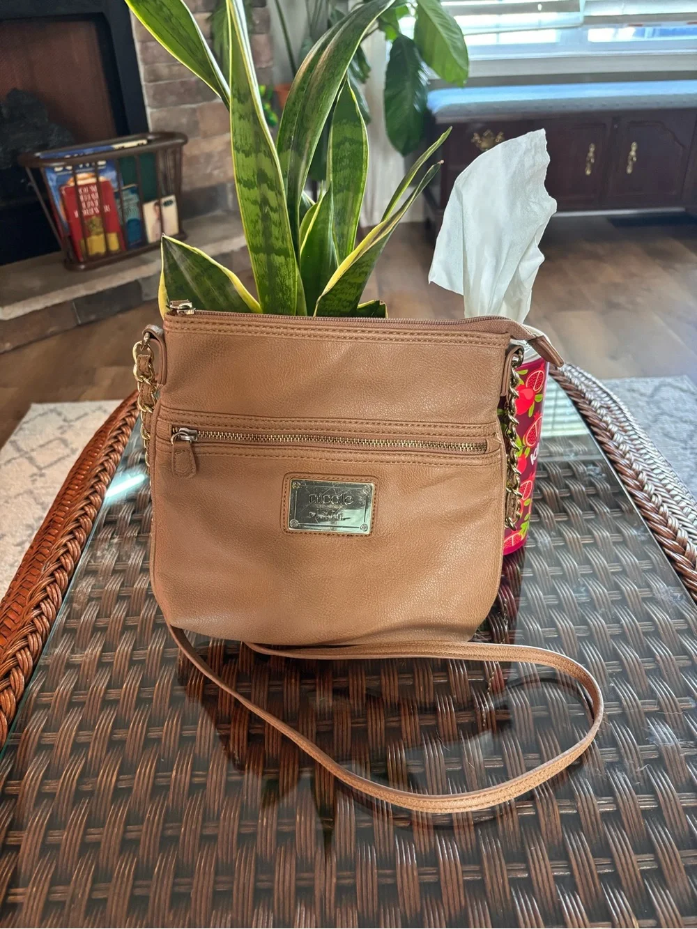 Nicole by Nicole Miller Tan Crossbody with Gold Accent Plate